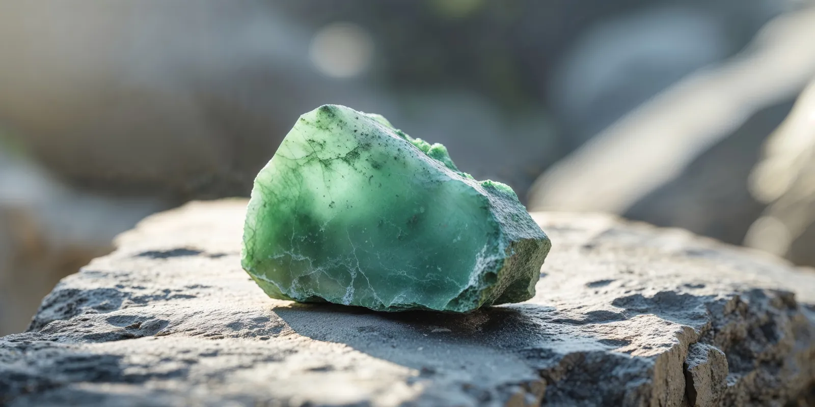 A piece of raw jade on stone, in sunlight.